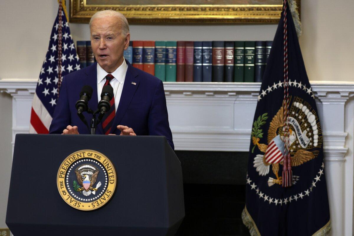President Joe Biden delivers remarks on the collapse of the Francis Scott Key Bridge in Baltimore in the Roosevelt Room of the White House on March 26, 2024. (Alex Wong/Getty Images)
