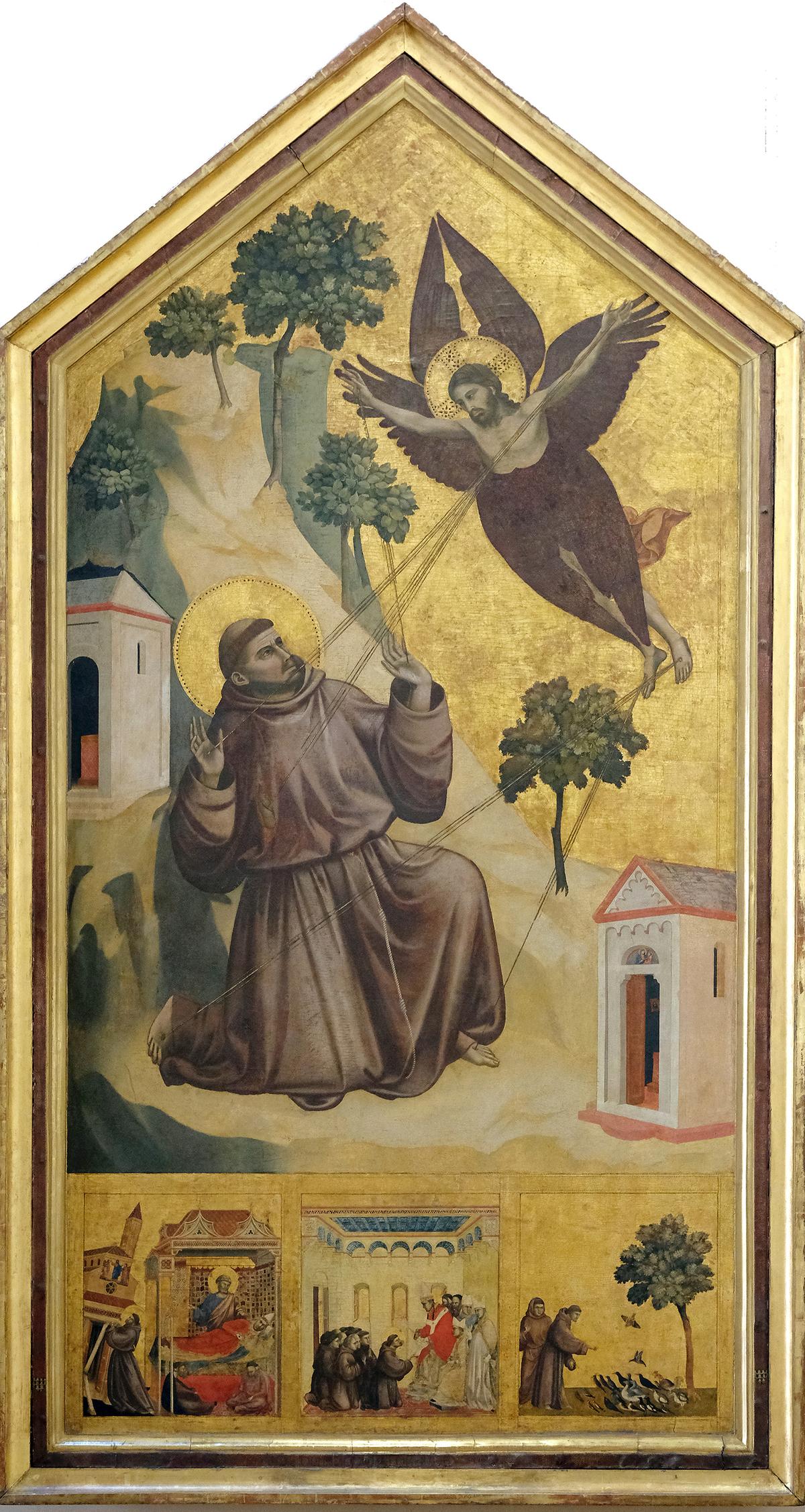 “St. Francis of Assisi Receiving the Stigmata," circa 1297–1299, by Giotto di Bondone. Tempera and gold on poplar wood; 122 2/5 inches by 64 inches. Louvre Museum, Paris. (Public Domain)