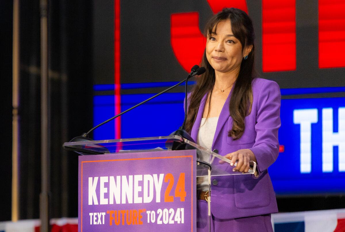 Nicole Shanahan, Vice Presidential pick for Robert F. Kennedy Jr., speaks in Oakland, Calif., on March 26, 2024. (John Fredricks/The Epoch Times)