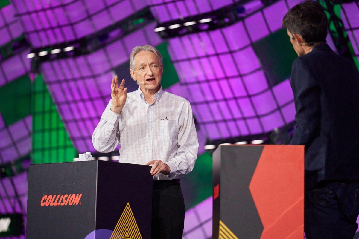 British Canadian cognitive psychologist and computer scientist Geoffrey Hinton, known as the "godfather of AI" speaks with technology journalist and CEO of The Atlantic Nick Thompson (R) during the Collision Tech Conference at the Enercare Centre in Toronto on June 28, 2023. (Geoff Robins/AFP via Getty Images)