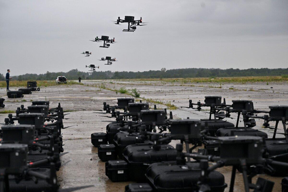DJI Matrice 300 reconnaissance drones, bought in the frame of program “The Army of Drones” are seen during test flights in the Kyiv region on Aug. 2, 2022. (Sergei Supinsky/AFP via Getty Images)
