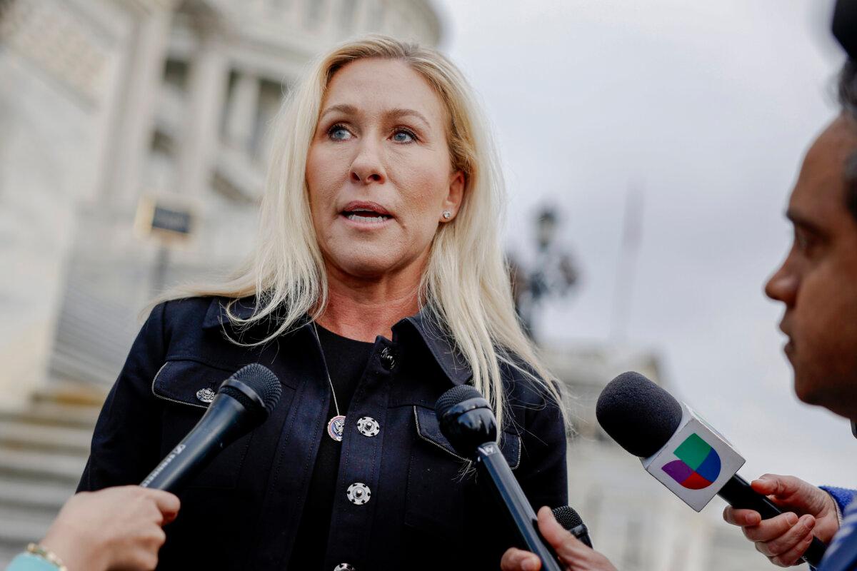 Rep. Marjorie Taylor Greene (R-Ga.) speaks to reporters outside the U.S. Capitol during a vote on legislation pertaining to TikTok, in Washington on March 13, 2024. (Anna Moneymaker/Getty Images)