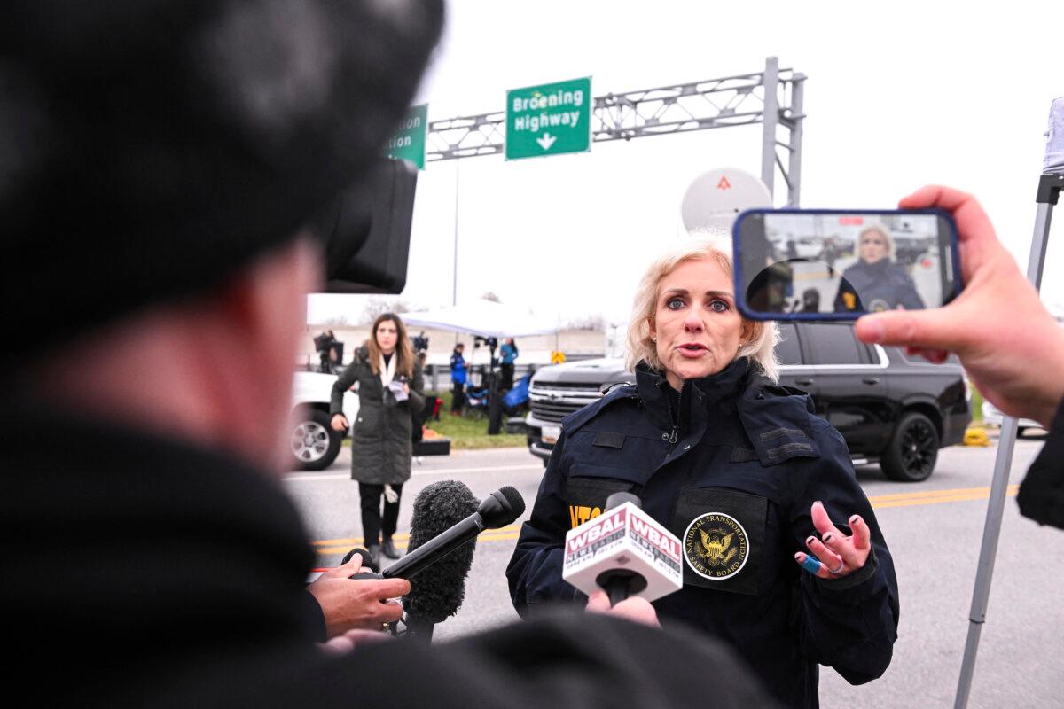 Chair of the National Transportation Safety Board Jennifer Homendy speaks to the press near the Francis Scott Key Bridge in Baltimore on March 27, 2024. (Roberto Schmidt/AFP via Getty Images)