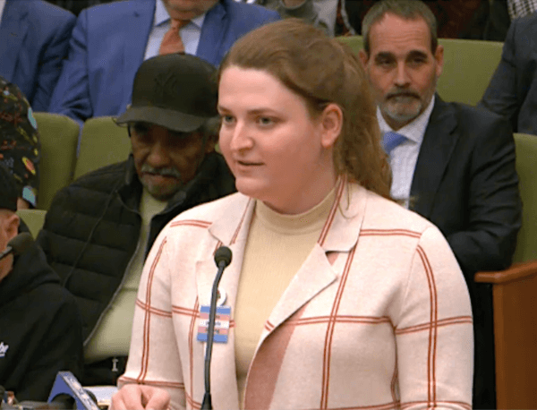 Emily Smet, who identifies as a transgender woman and is a member of the Sacramento Democratic Socialists of America, speaks at a Sacramento City Council meeting on March 26, 2024. (Sacramento City Council/Screenshot via The Epoch Times)