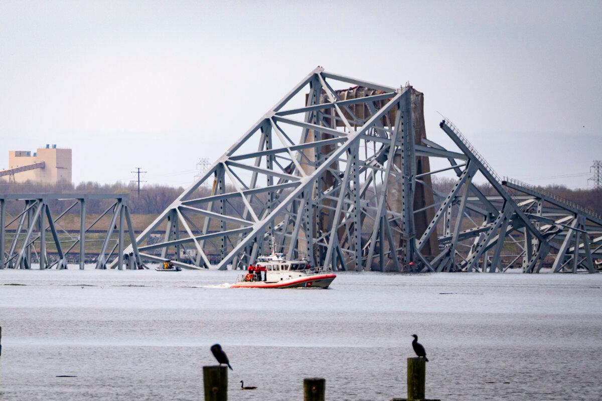 The Francis Scott Key Bridge was knocked down after a cargo ship struck a bridge pylon in Baltimore on March 26, 2024. (Madalina Vasiliu/The Epoch Times)