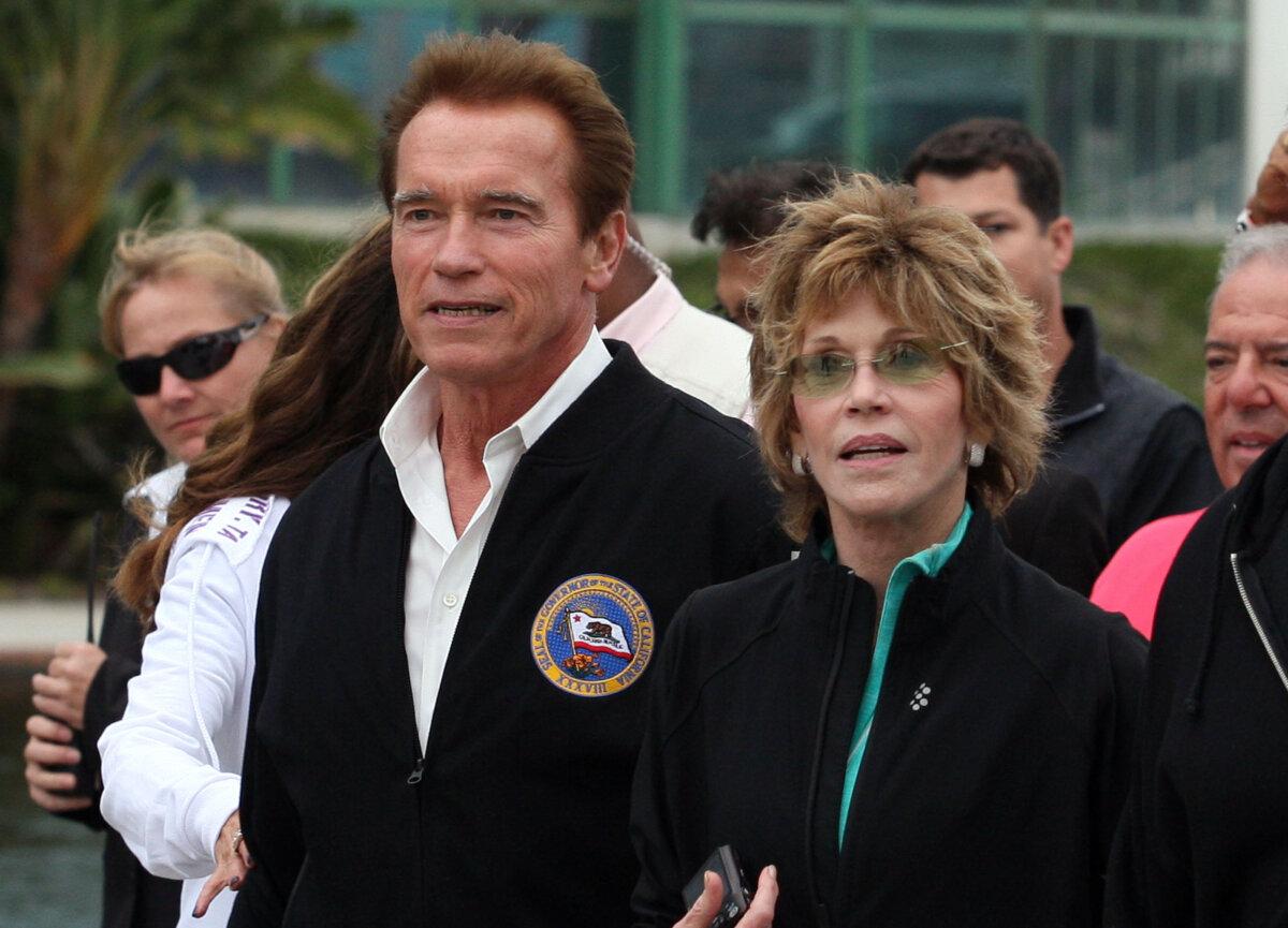 Then governor of California Arnold Schwarzenegger (L) and actress Jane Fonda at the Long Beach Convention Center in Long Beach, Calif., on Oct. 24, 2010. (Frederick M. Brown/Getty Images)