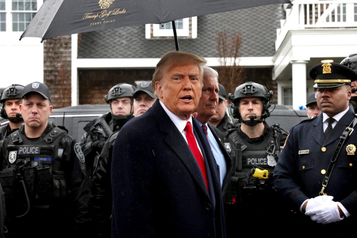 Former President Donald Trump speaks to the media after attending the wake of slain NYPD Officer Jonathan Diller at the Massapequa Funeral Home in Massapequa, N.Y., on March 28, 2024. (Spencer Platt/Getty Images)
