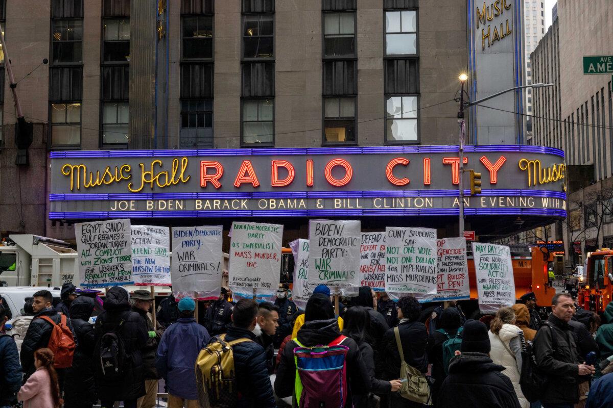 Demonstrators rally before President Joe Biden's fundraiser at Radio City Music Hall in New York City on March 28, 2024. (Alex Kent/Getty Images)