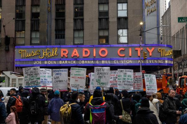 Demonstrators rally before President Joe Biden's fundraiser at Radio City Music Hall in New York City, on March 28, 2024. (Alex Kent/Getty Images)
