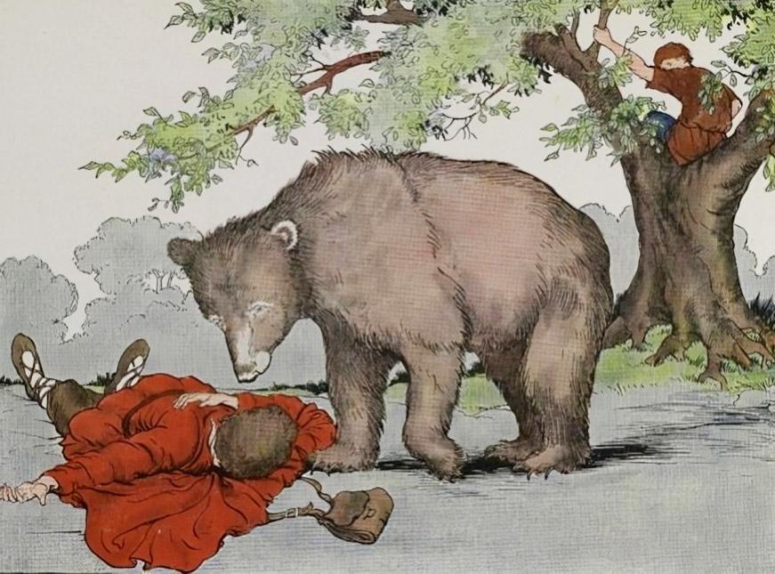 "Two Travelers and a Bear," illustrated by Milo Winter, from “The Aesop for Children,” 1919. (PD-US)