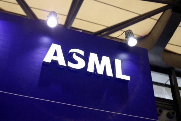 The logo of chip equipment maker ASML is seen at its booth during Semicon China, a trade fair for the semiconductor industry in Shanghai, on June 29, 2023. (Nicoco Chan/Reuters)