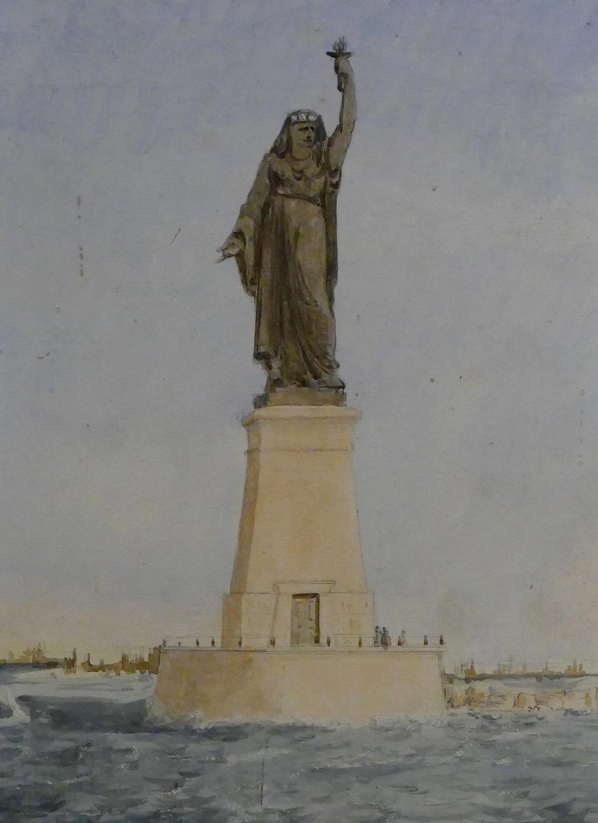 Bartholdi's conceptual rendering for a monumental statue at the entrance to the port of Suez. "Egypt Carrying the Light to Asia" (also known as "Progress Carrying the Light to Asia"), 1869, by Frédéric Auguste Bartholdi. Watercolor. Bartholdi Museum, Colmar, France. (Public Domain)