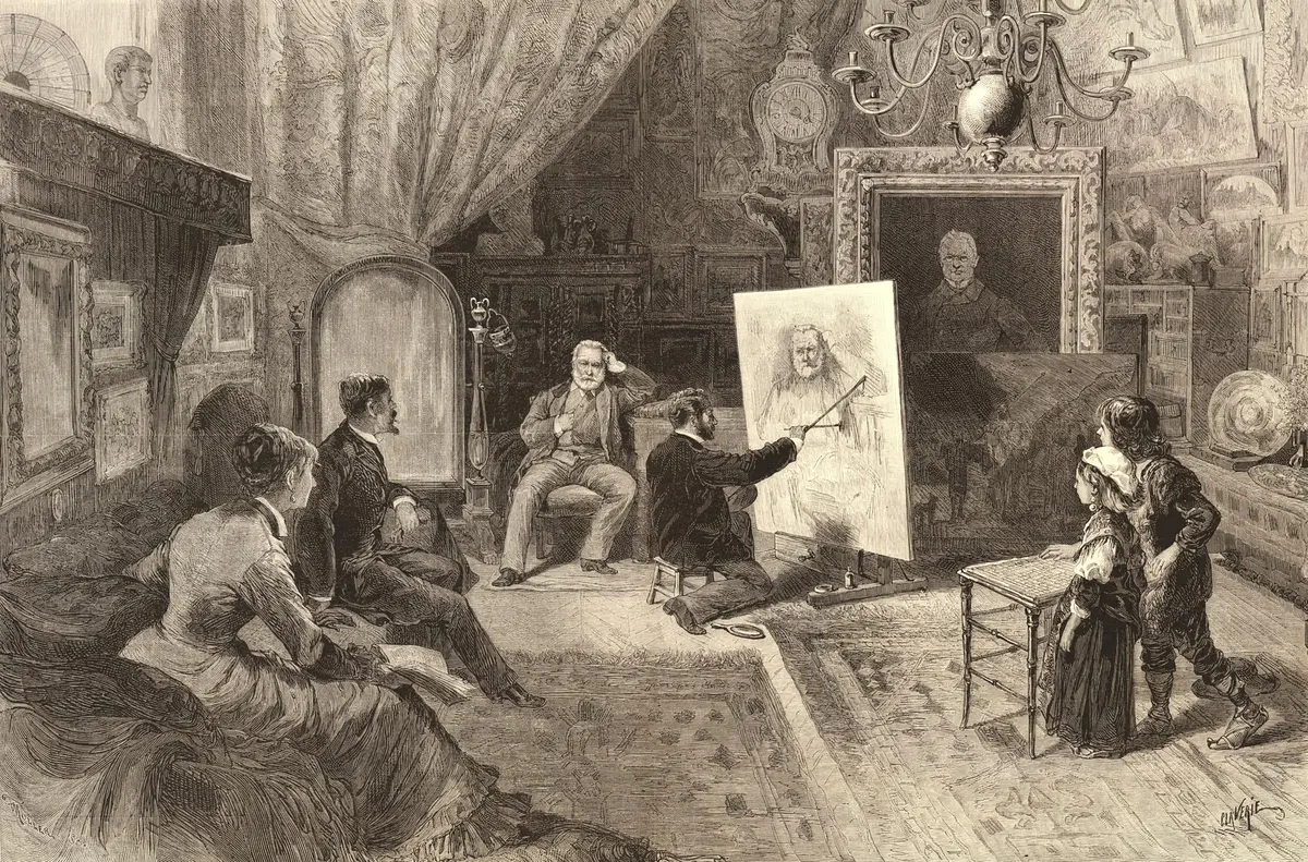 A wood engraving of Bonnat painting Victor Hugo's portrait, 1879, by Frederick William Moller after a drawing by Jules-Justin Clavley. (<a href="https://commons.wikimedia.org/wiki/File:Les_coulsses_du_salon_-_Victor_Hugo_posant_dans_l%27atelier_de_M._Bonnat._(Dessin_de_Jules-justin_Claverie).jpg" target="_blank" rel="nofollow noopener">British Museum</a>/<a href="https://creativecommons.org/licenses/by-sa/4.0/deed.en" target="_blank" rel="nofollow noopener">CC BY-SA 4.0 DEED</a>)