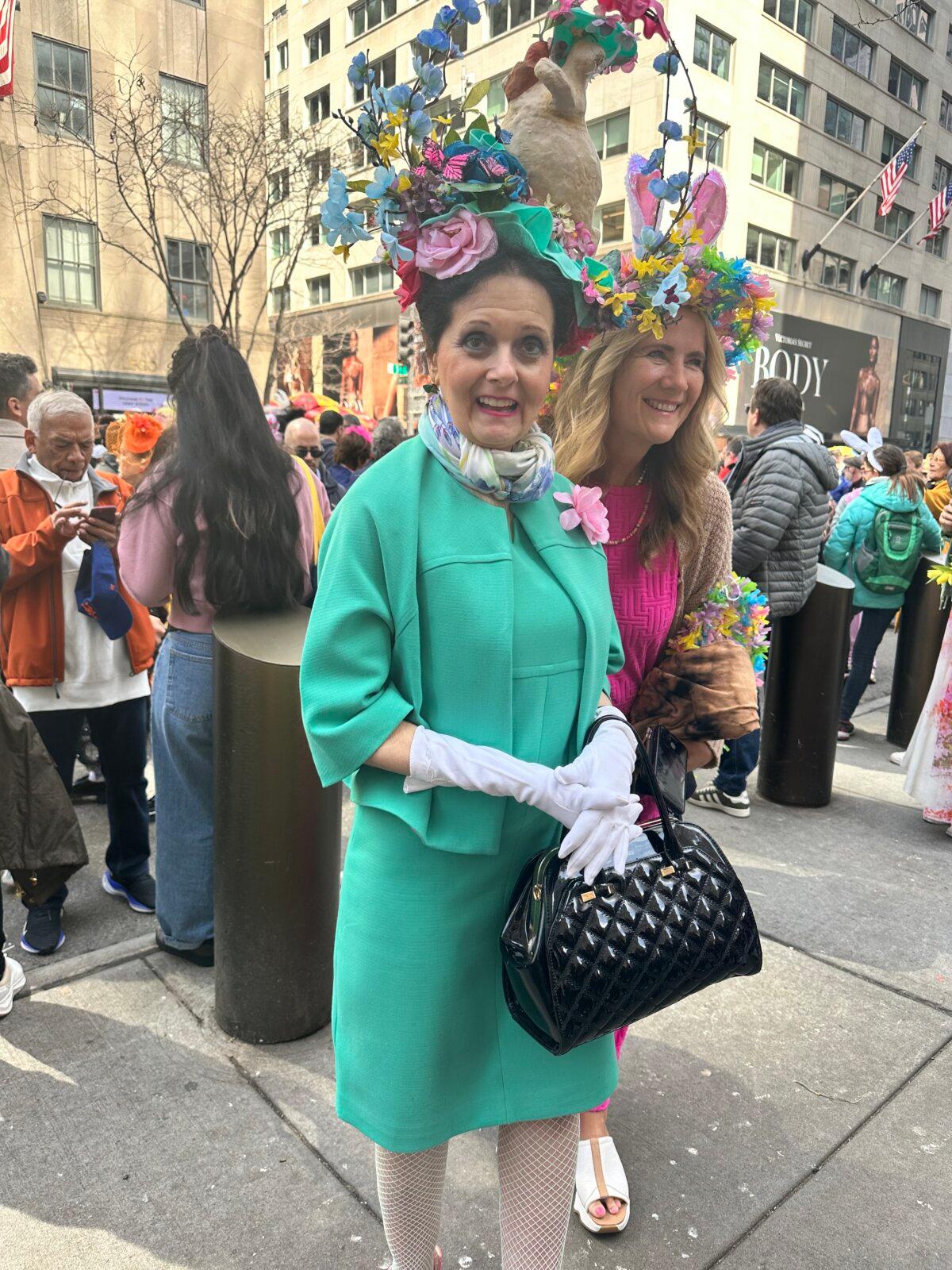 Patricia Parente (Front) and Terry Whittingham attend the NYC Easter Parade on March 31, 2024. (Juliette Fairley/The Epoch Times)