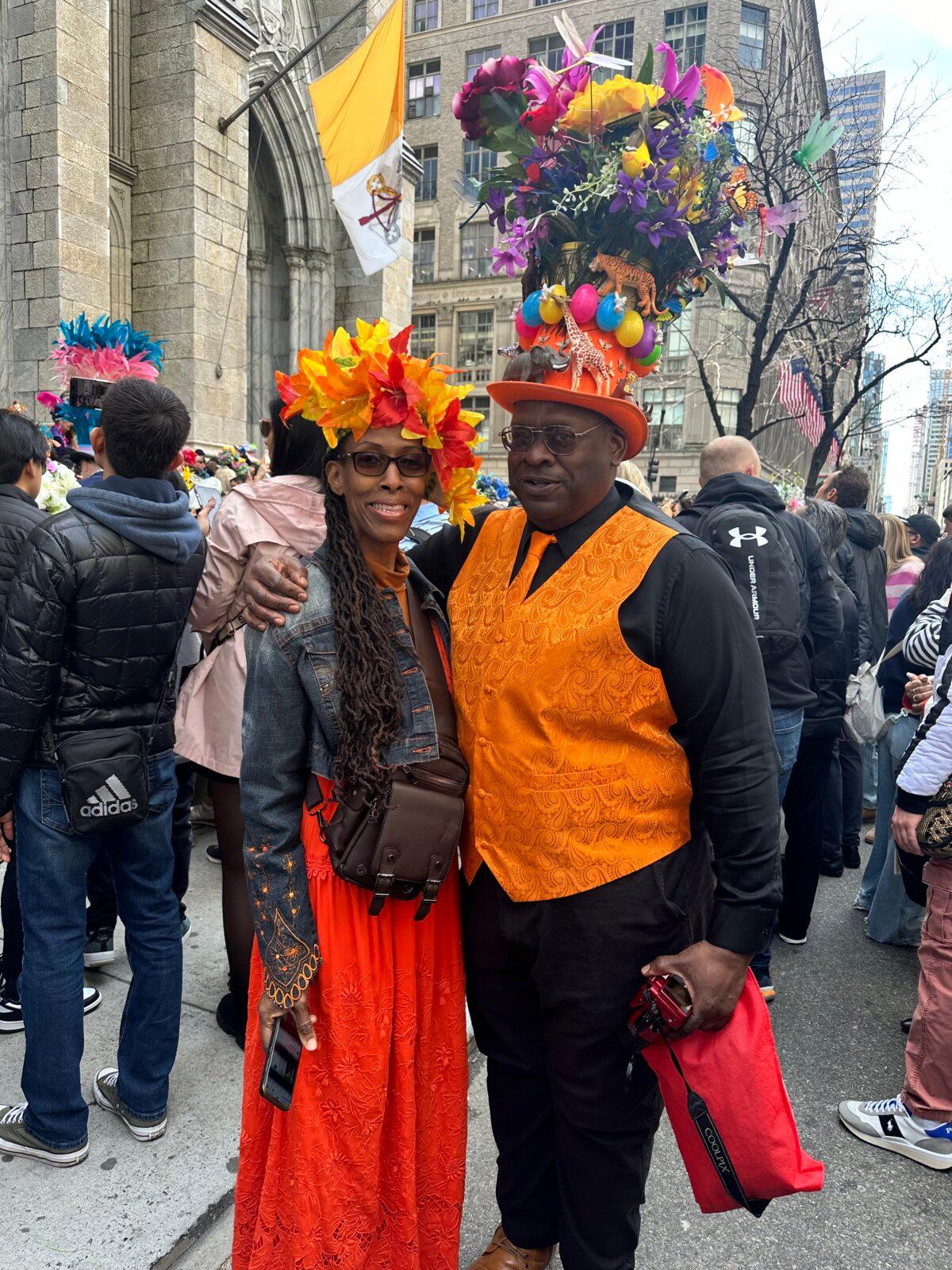 Andrew Sirjue and Nicole Paul attend the NYC Easter Parade on March 31, 2024. (Juliette Fairley/The Epoch Times)