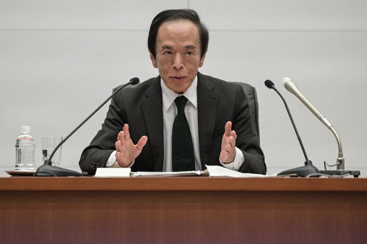 Bank of Japan (BOJ) governor Kazuo Ueda speaks during a press conference after a two-day monetary policy meeting at the BOJ headquarters in Tokyo, on March 19, 2024. (Richard A. Brooks/AFP via Getty Images)
