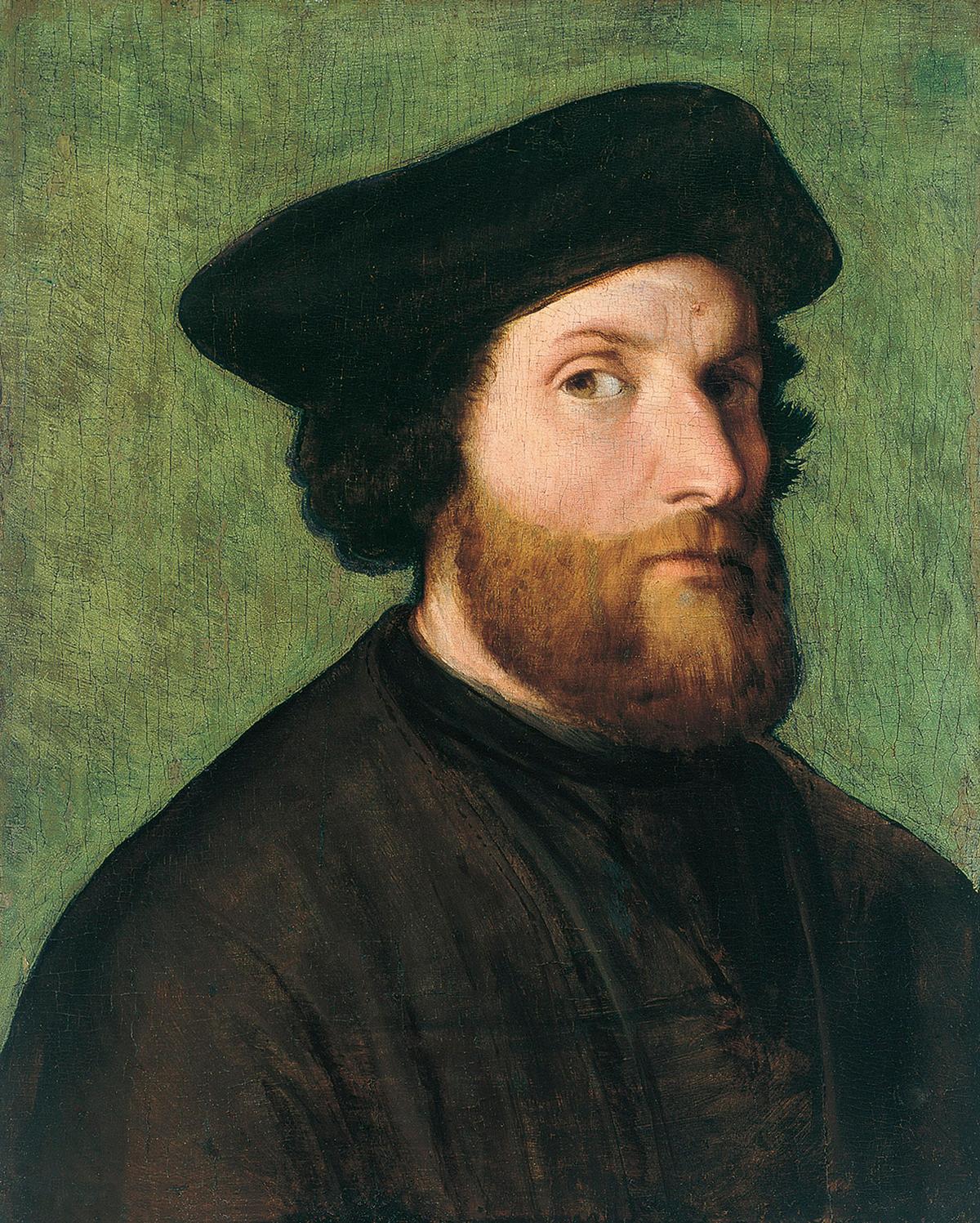 A presumed self-portrait, 1540s, attributed to Lorenzo Lotto. Oil on panel; 16 9/10 inches by 13 7/10 inches. Thyssen-Bornemisza Museum, Madrid, Spain. (Public Domain)