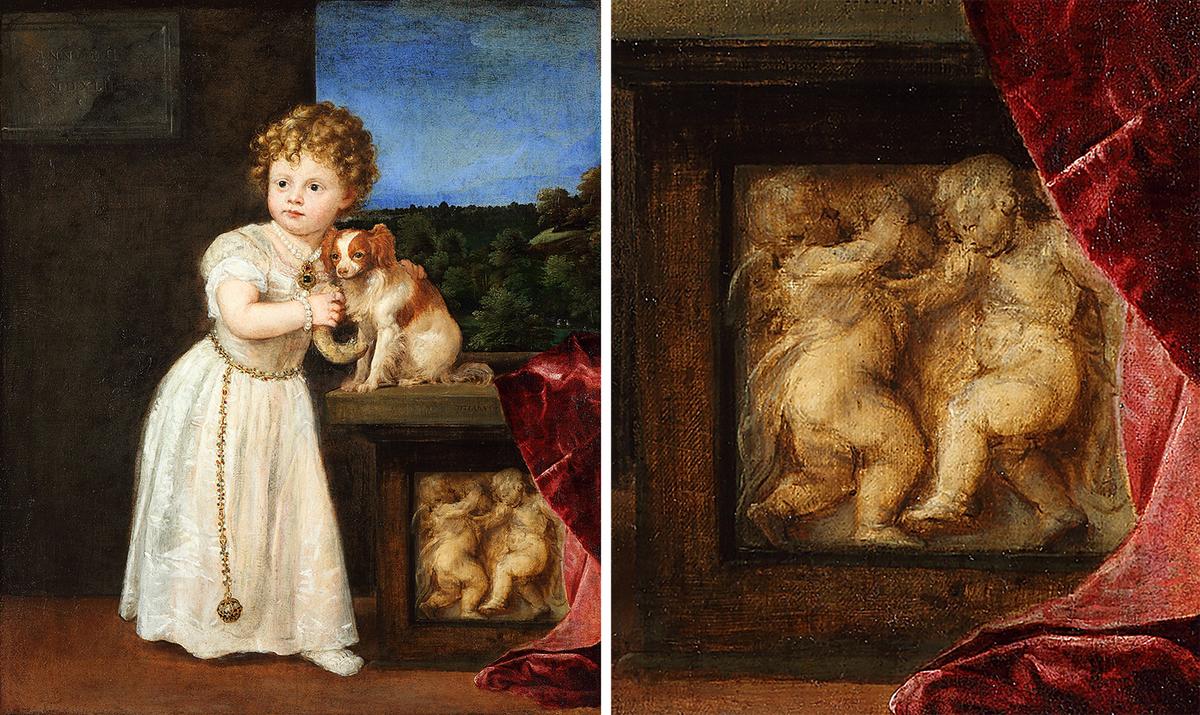 "Portrait of Clarissa Strozzi" with a detailed image of the relief's dancing toddlers, 1542, by Titian. Oil on canvas; 45 1/5 inches by 38 1/2 inches. Gemäldegalerie, Berlin. (Public Domain)