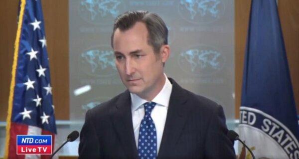 In this still frame from video footage, State Department spokesman Matthew Miller speaks to reporters in Washington on April 1, 2024. (Screenshot via NTD)
