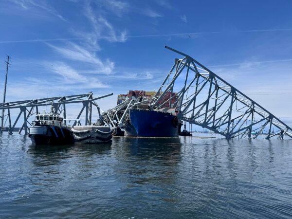 The fallen Francis Scott Key Bridge is pictured in Baltimore, on March 31, 2024. (Mike Pesoli/AP Photos)