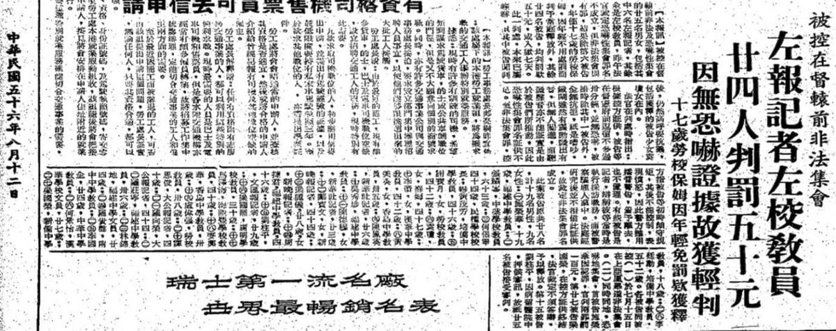 The picture shows the “Industrial and Commercial Daily” reporting on Aug. 12, 1967, the penalties handed down to the left-wing newspapers’ reporter and the leftist schools’ teachers, where all 24 people were fined HK$50 (US$7) (Courtesy of the author)