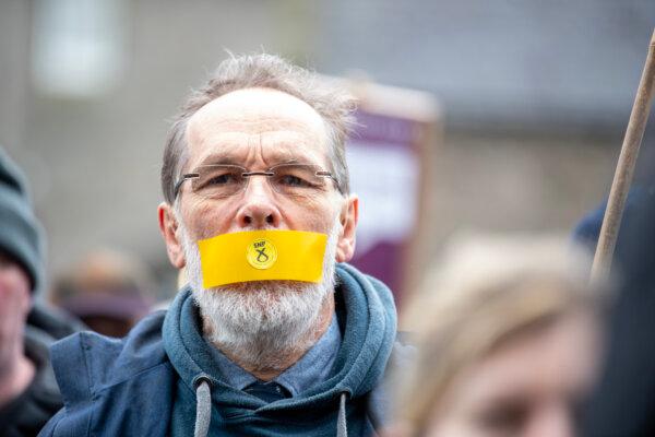 Campaigners gather outside the Scottish Parliament at Holyrood in Edinburgh, to mark the introduction of the Hate Crime and Public Order (Scotland) Act on April 1, 2024. (Lesley Martin/PA Wire)