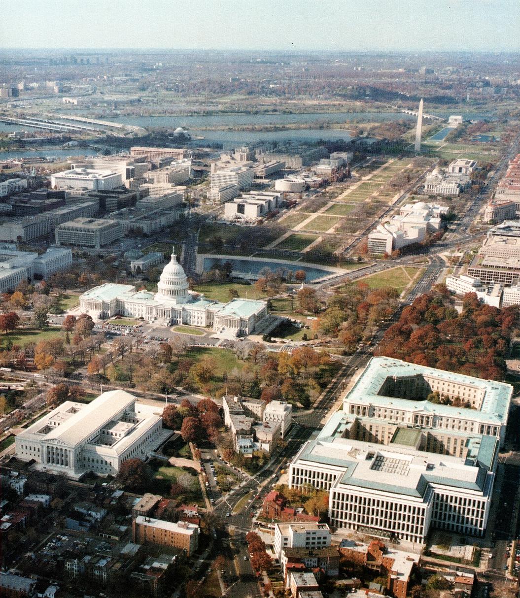 An aerial view of Capitol Hill and the National Mall in Washington. America’s Founding Fathers established the country on classical and Christian values, and the nation’s architecture reflected this. (Public Domain)