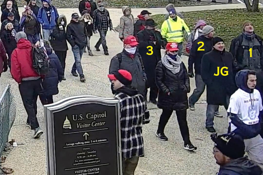 Former FBI special agent John Guandolo with suspected FBI agents Colleague 1 and Colleague 2, along with an unidentified man labeled in court filings as Colleague 3, on the Southwest Walk of the U.S. Capitol on Jan. 6, 2021. (U.S. Capitol Police/Graphic by The Epoch Times)