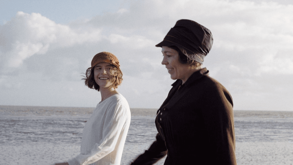 Rose Gooding (Jessie Buckley, L) and Edith Swan (Olivia Colman), in "Wicked Little Letters." (Studiocanal/Sony Pictures Classics)