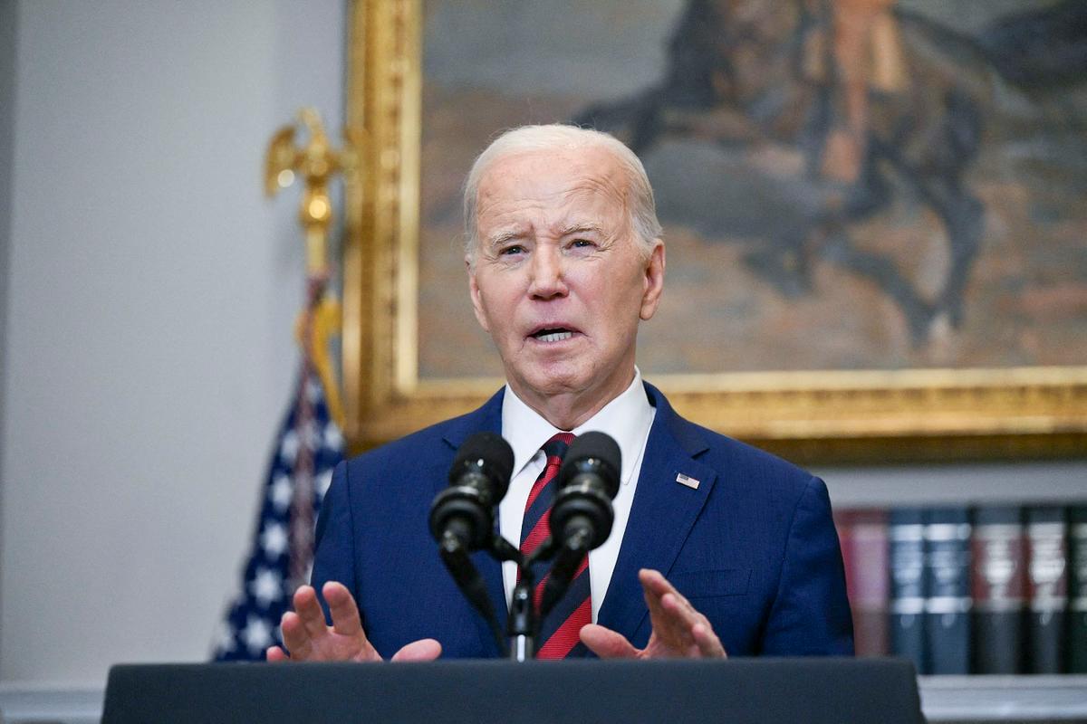 President Joe Biden addresses the Baltimore bridge collapse in the Roosevelt Room of the White House on March 26, 2024. (Pedro Ugarte/AFP via Getty Images)
