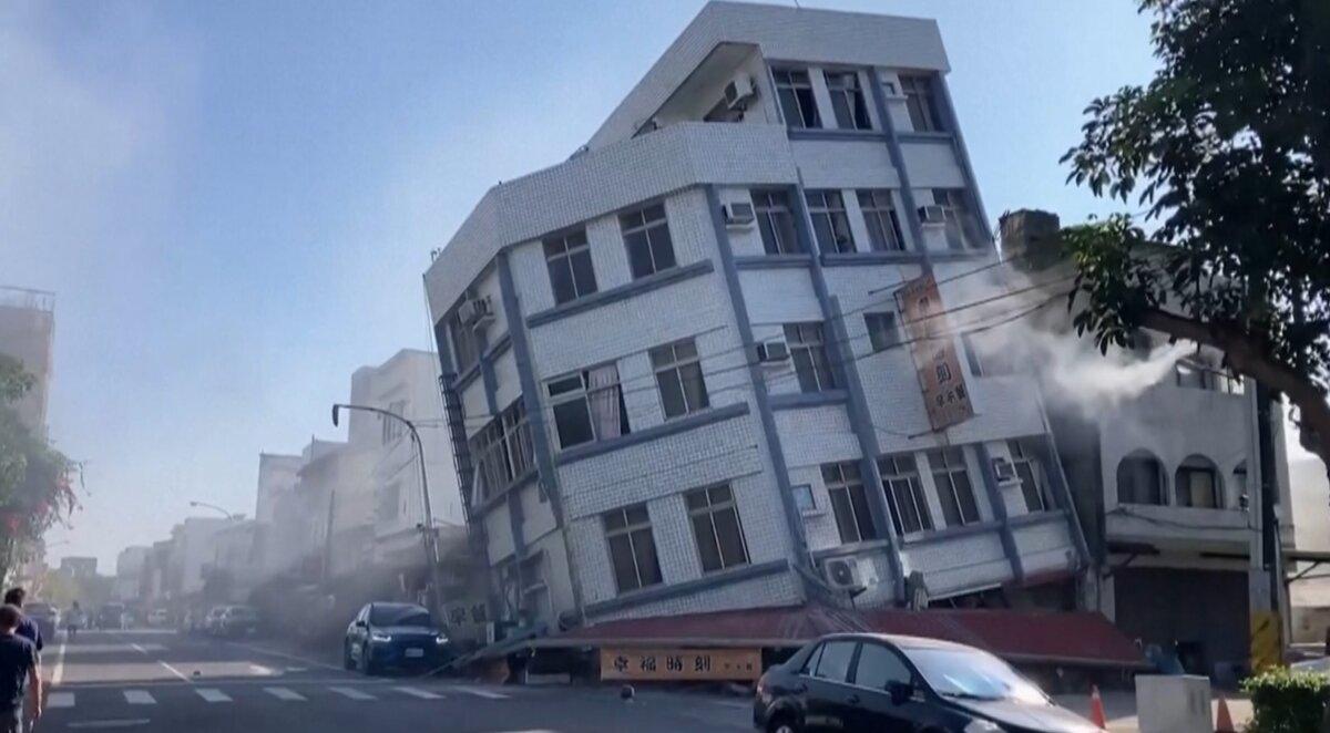 A collapsed building after an earthquake struck Hualien City, Taiwan, on April 3, 2024, in a still from a video. (TVBS via AP/Screenshot via NTD)