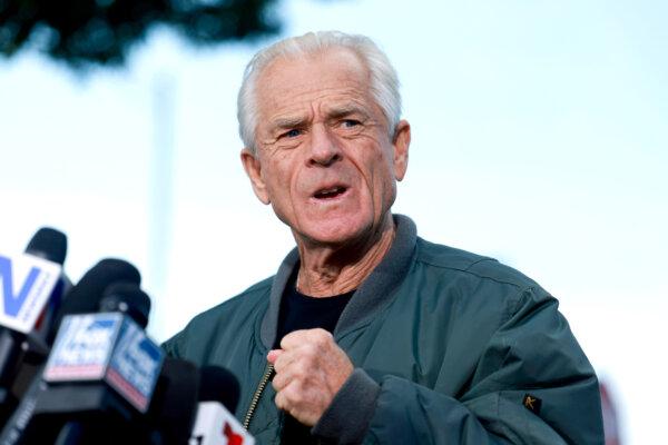 Former adviser to ex-President Donald Trump Peter Navarro holds a news conference before turning himself in at a federal prison in Miami on March 19, 2024. (Joe Raedle/Getty Images)
