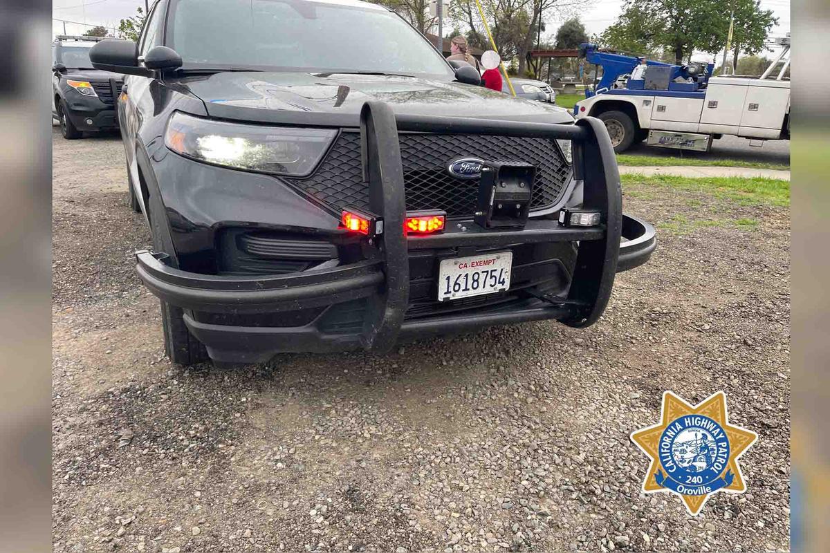 A photo showing damage to the CHP vehicle. (Courtesy of CHP - Oroville)