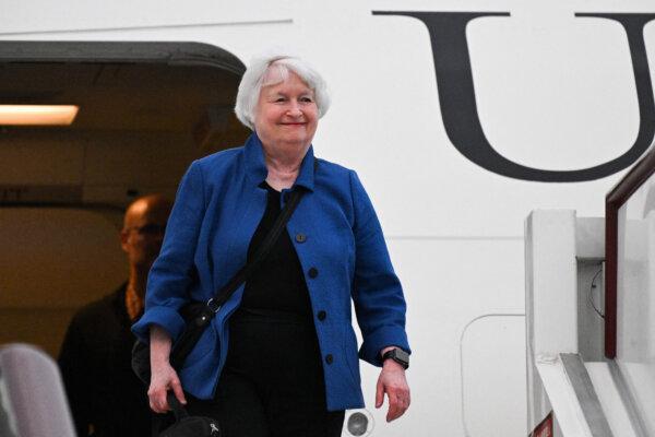 Treasury Secretary Janet Yellen disembarks from a plane upon her arrival at the Baiyun International Airport in Guangzhou, China, on April 4, 2024. (Pedro Pardo/AFP via Getty Images)