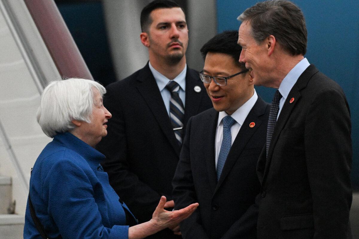 Chinese Vice Minister of Finance Liao Min (2nd R) and U.S. Ambassador to China Nicholas Burns (R) receive U.S. Treasury Secretary Janet Yellen (L) upon her arrival at the Baiyun International Airport in Guangzhou, China, on April 4, 2024. (Pedro Pardo/AFP via Getty Images)