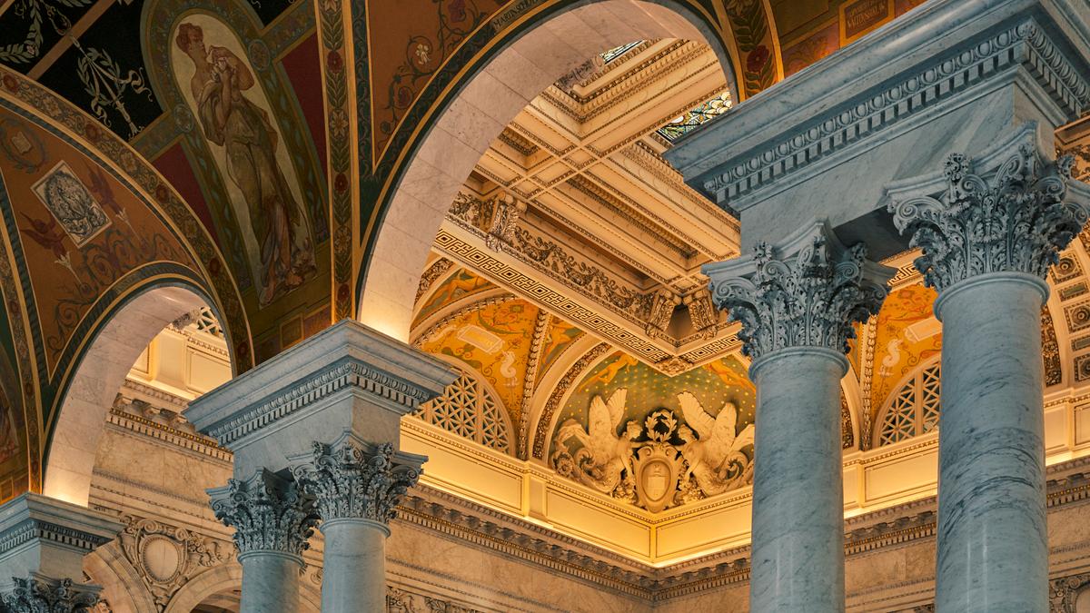 A detail of the Beaux-arts architecture and ornate detailing of the Great Hall in the Library of Congress Thomas Jefferson Building. (Doug Armand/Stone/Getty Images)
