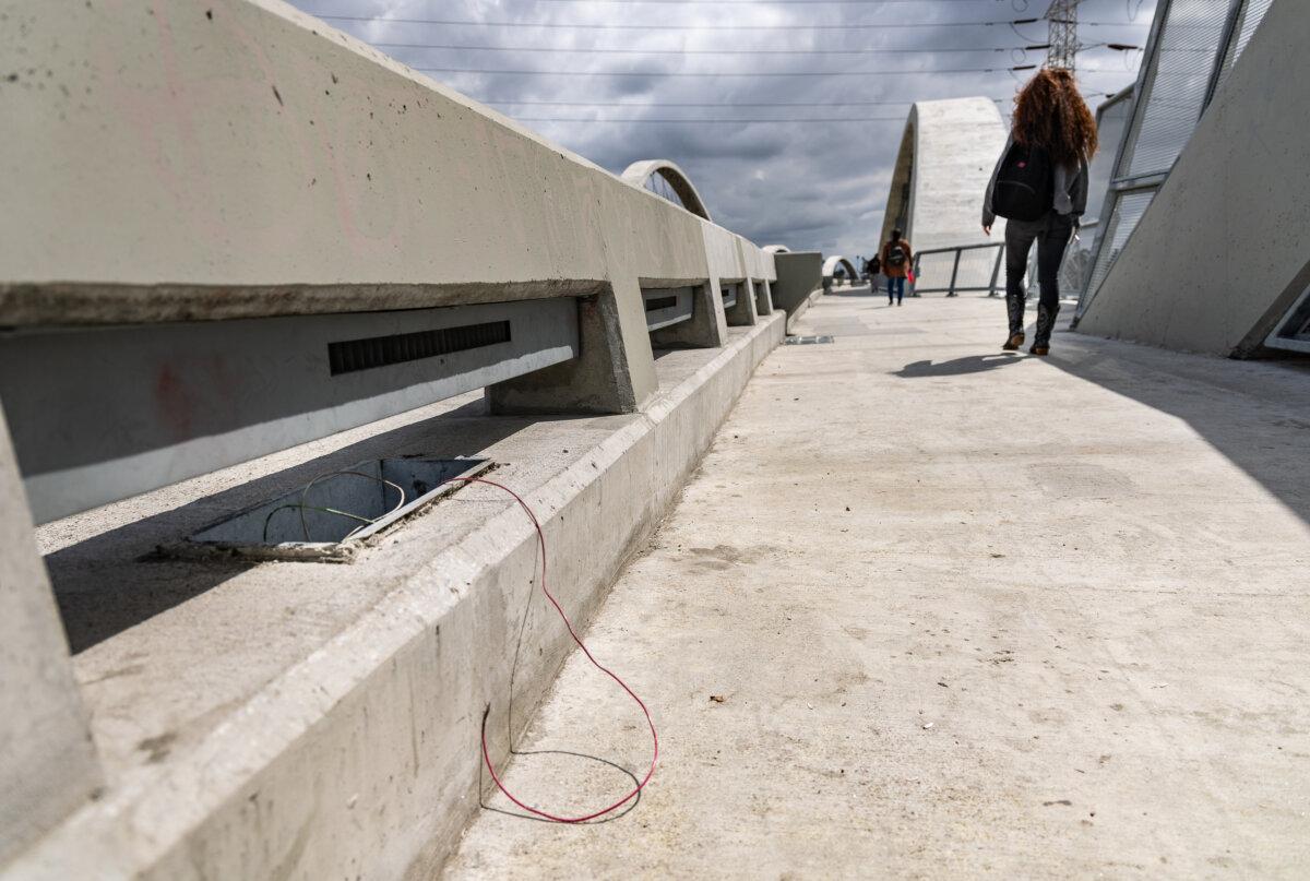 Wiring sits stripped of its copper interior after an incident of theft in Los Angeles on April 4, 2024. (John Fredricks/The Epoch Times)