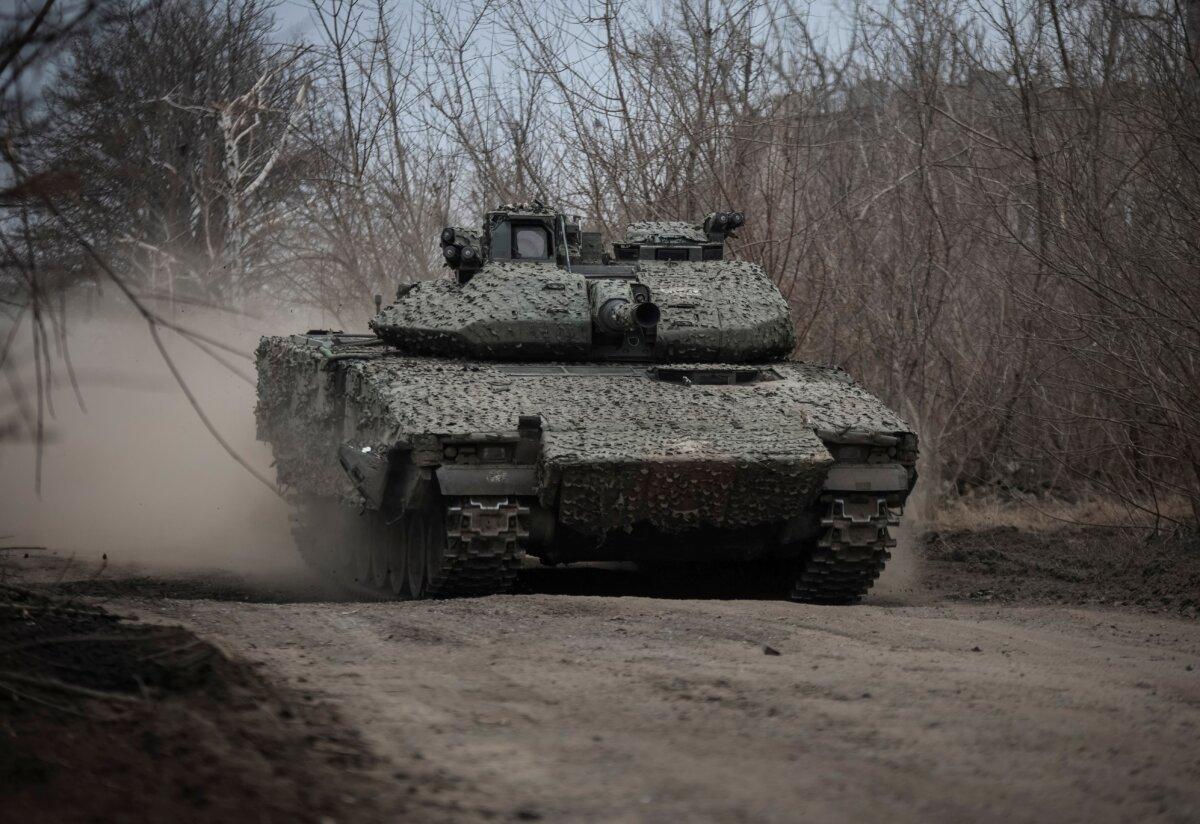 A Ukrainian CV-90 infantry fighting vehicle near the front-line town of Chasiv Yar in the Donetsk region, Ukraine, on March 5, 2024. (Oleksandr Ratushniak/Reuters)