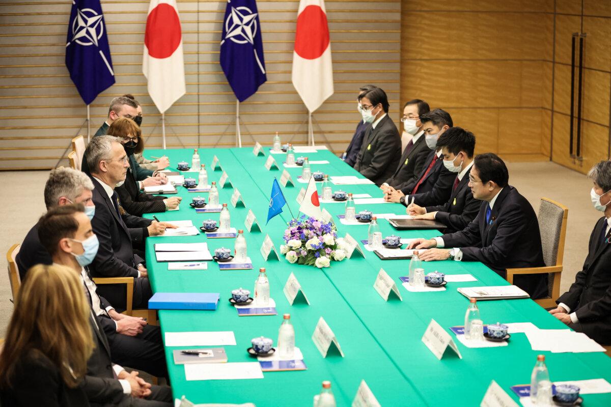 NATO Secretary-General Jens Stoltenberg (center L) meets Japan's Prime Minister Fumio Kishida (center R) in Tokyo on January 31, 2023. (Takashi Aoyama/POOL/AFP via Getty Images)
