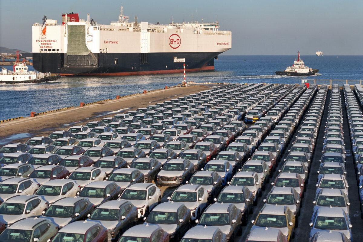 Electric cars for export are waiting to be loaded on the "BYD Explorer NO.1," a domestically manufactured vessel intended to export Chinese automobiles, at Yantai port in eastern China's Shandong Province, on Jan. 10, 2024. (STR/AFP via Getty Images)