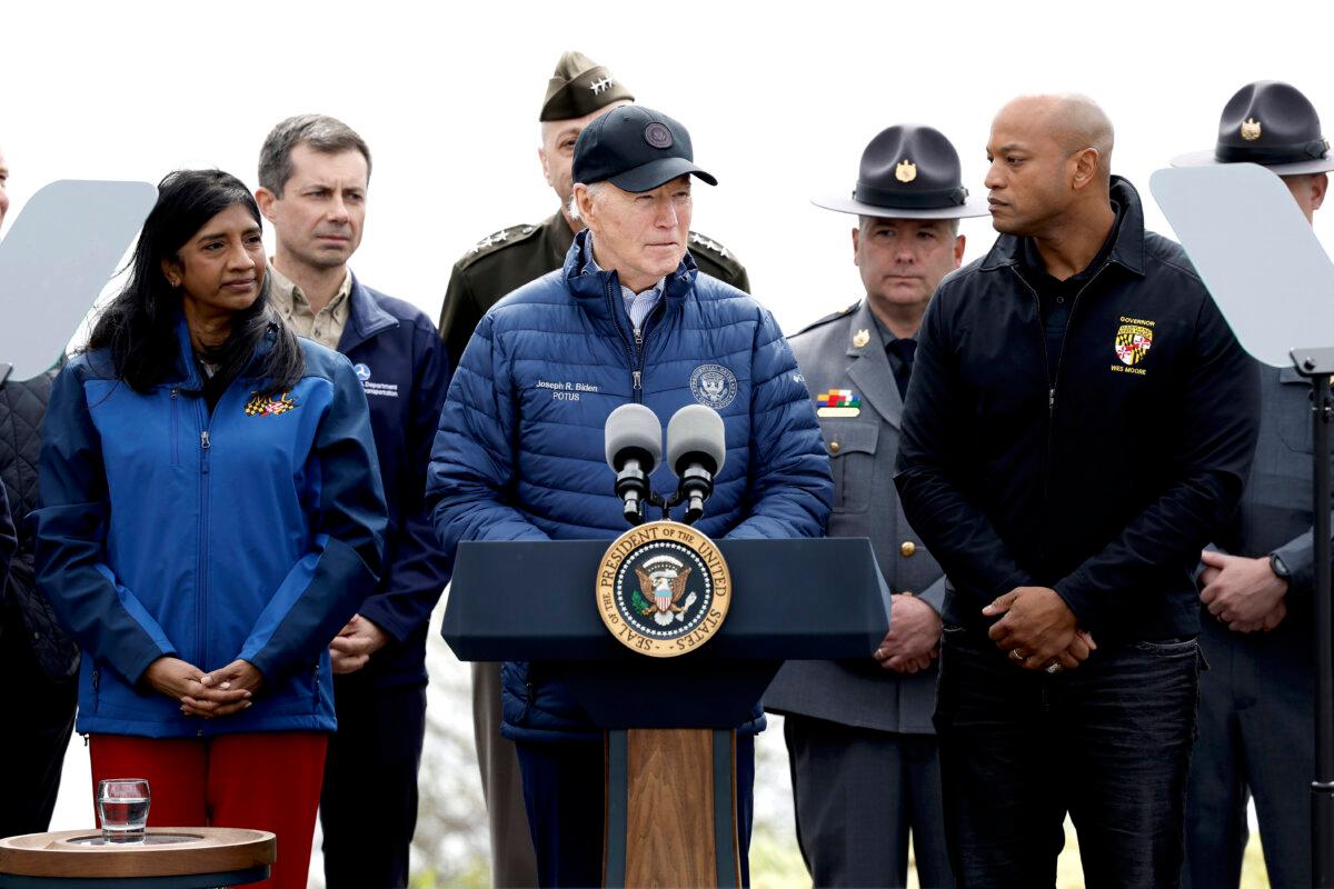 President Joe Biden delivers remarks at the Maryland Transportation Authority Police Headquarters, near the site of the collapsed Francis Scott Key Bridge, in Baltimore on April 5, 2024. (Anna Moneymaker/Getty Images)