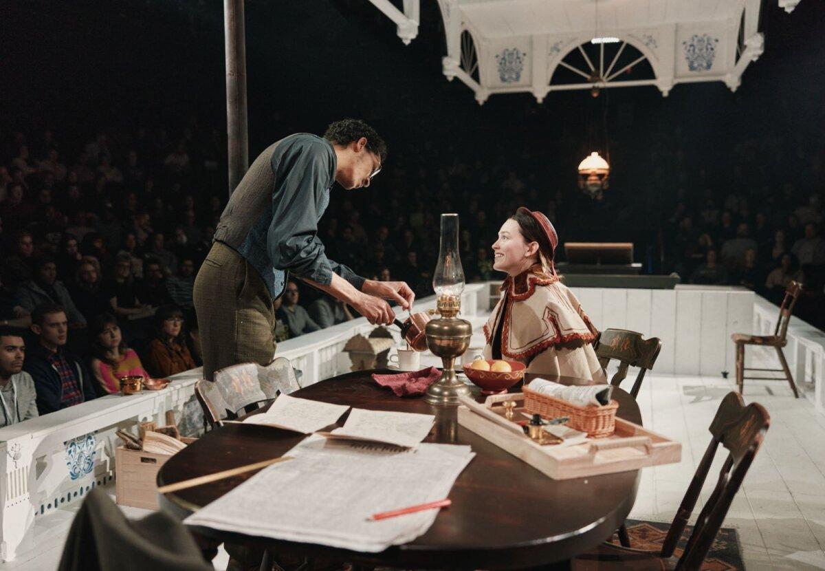 Hovstad (Caleb Eberhardt) and Petra (Victoria Pedretti), in a scene from "An Enemy of the People," now showing on Broadway. (Emilio Madrid)