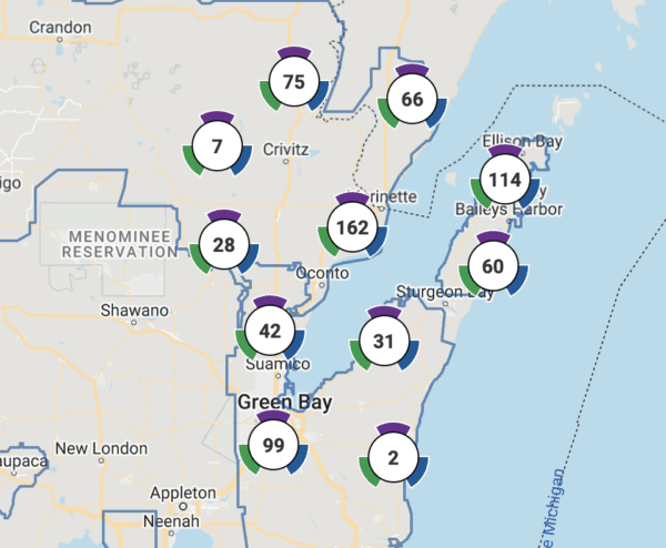 A screenshot of power outages in and around Wisconsin's 8th Congressional District on April 5, 2024. (Screenshot, Wisconsin Public Service's website).
