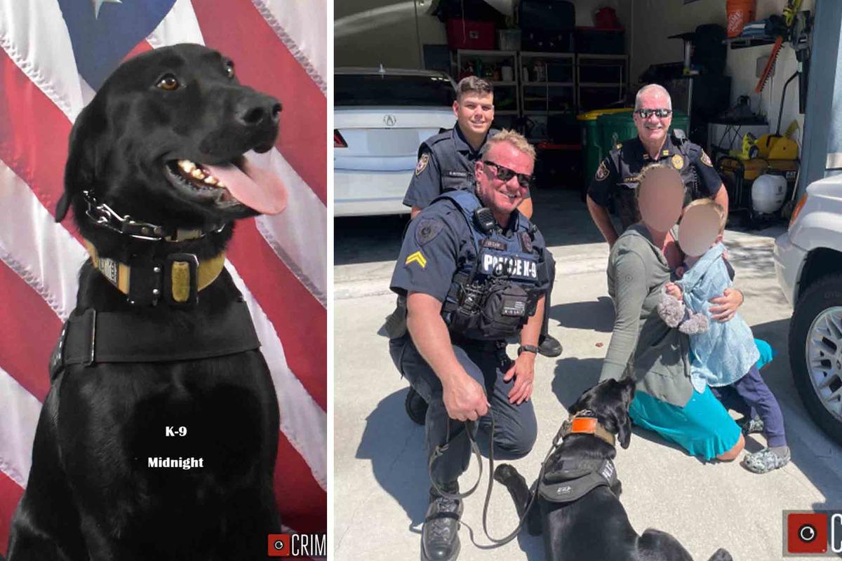 K9 Midnight, Cpl. Clark with his colleagues (back), the family of the 3-year-old, and their toddler. (Courtesy of Deland Police Department)