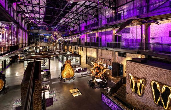 The lobby of the J.W. Marriott Plant Riverside District includes a chrome-plated dinosaur skeleton and other natural history artifacts. The $400 million project opened in 2020. (The Kessler Collection/TNS)