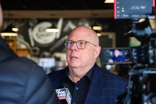 Former Maryland Gov. Larry Hogan speaks to the press during a campaign stop at South Mountain Creamery in Frederick, Md., on April 6, 2024. (Courtesy of Larry Hogan)