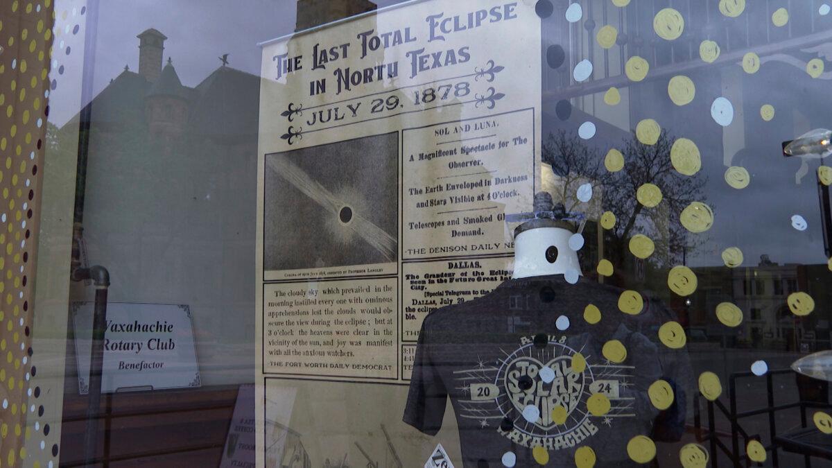 The Ellis County Museum displays newspaper article excerpts and headlines from the region’s last total solar eclipse in 1878 in Waxahachie, Texas, on April 6, 2024. (Laura Bargfeld/AP Photo)
