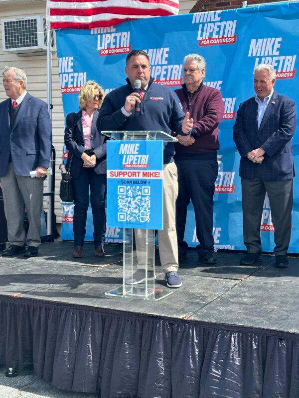 Congressman Anthony D'Esposito at Mike LiPetri's Campaign Kickoff Rally in Bethpage on April 7, 2024, (Juliette Fairley/The Epoch Times)
