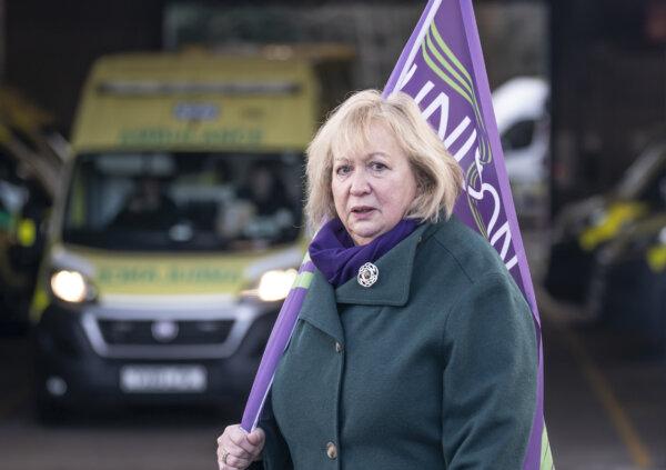 UNISON general secretary Christina McAnea joins ambulance workers on the picket line outside Longley Ambulance Station in Sheffield on Jan. 11, 2023. (PA Wire/PA Images)