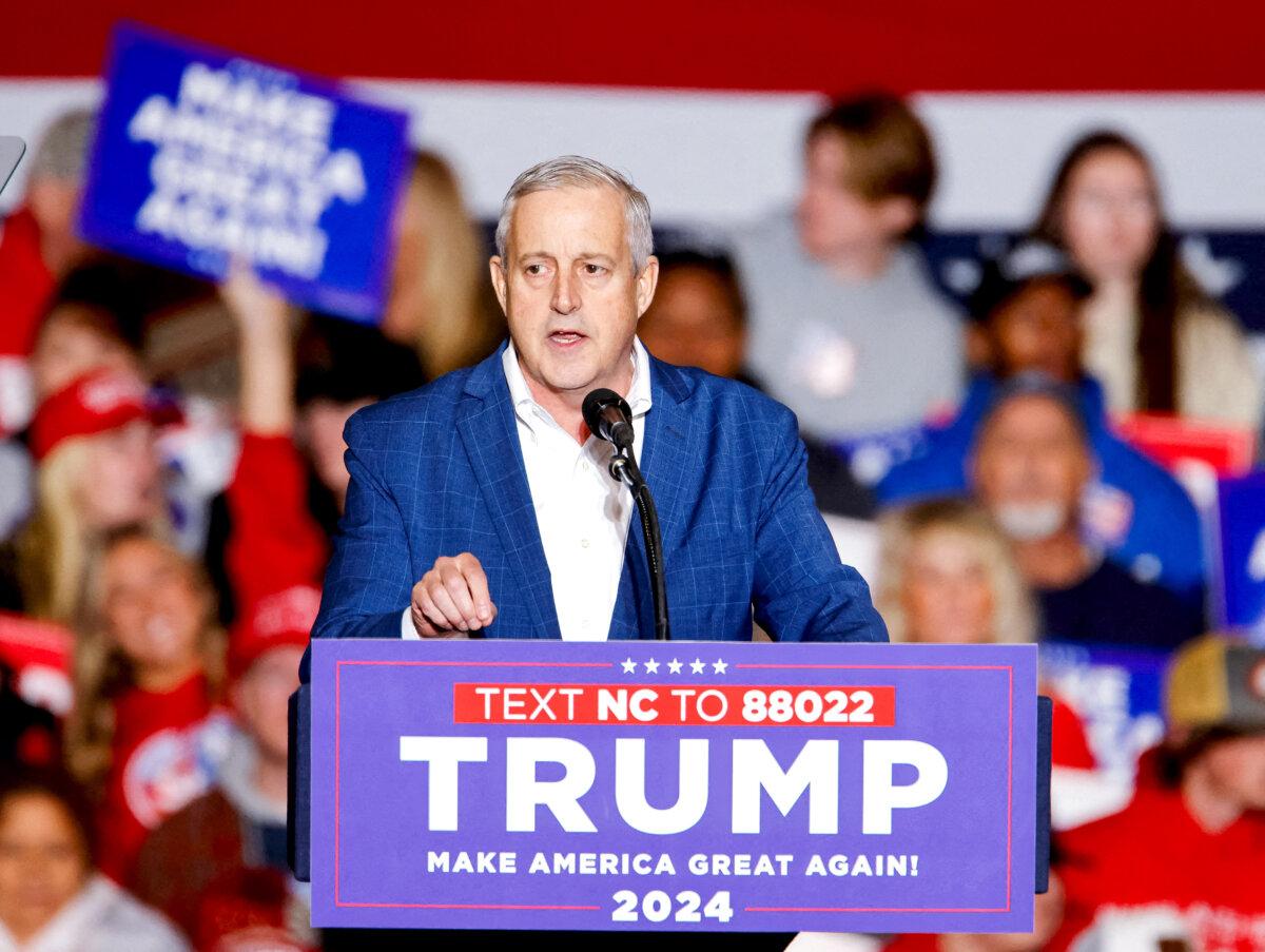 Michael Whatley speaks before former President Donald Trump's arrival for a rally in Greensboro, N.C., on March 2, 2024. (Jonathan Drake/Reuters)